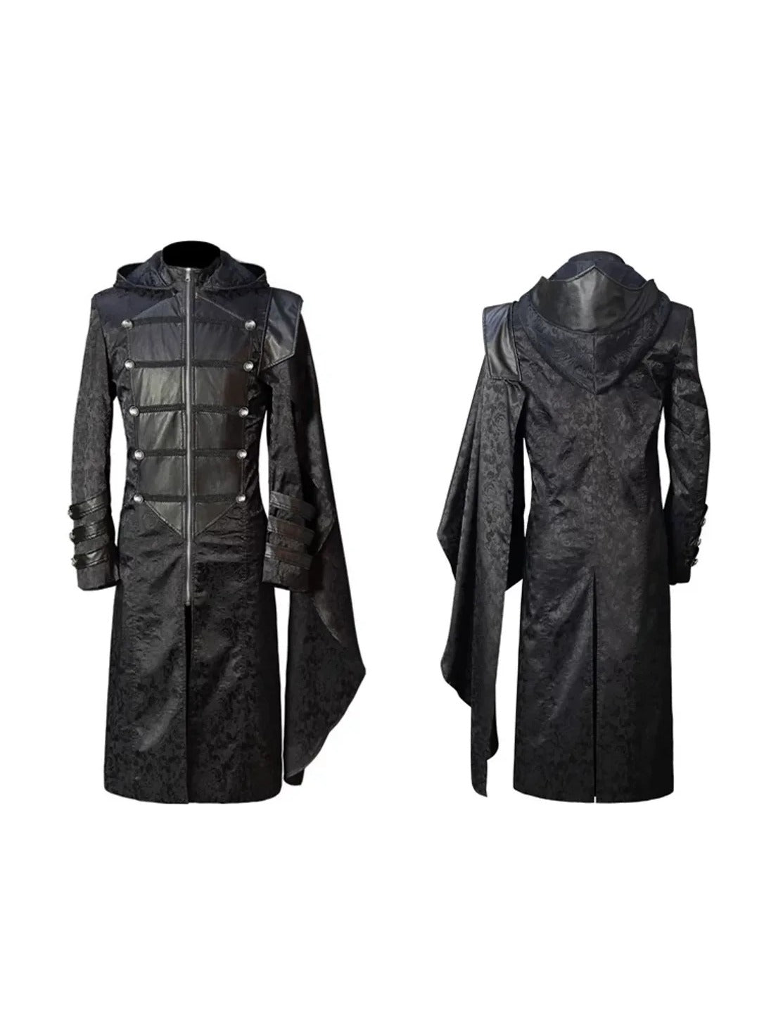 Actual black gothic hooded long coat, front and back with one-shoulder cape drape