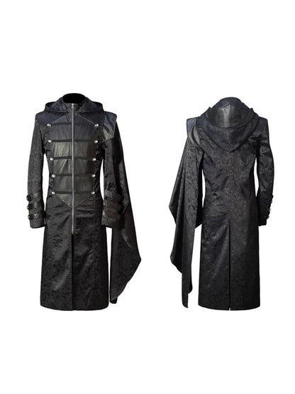 Actual black gothic hooded long coat, front and back with one-shoulder cape drape