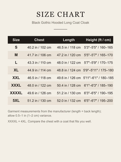 Size chart for the black gothic hooded long coat, S to 5XL, chest and length in inches and cm