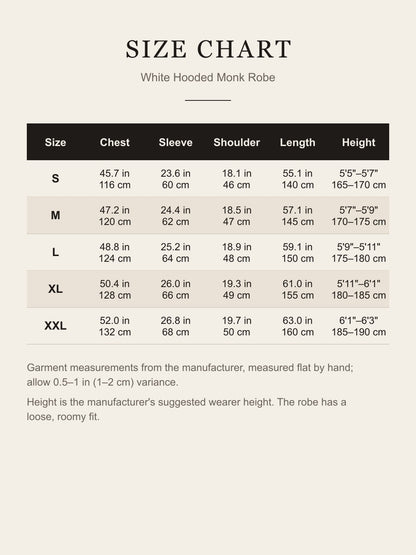 Size chart for the white hooded monk robe: chest, sleeve, shoulder, length and suggested height for S to XXL in inches and centimeters