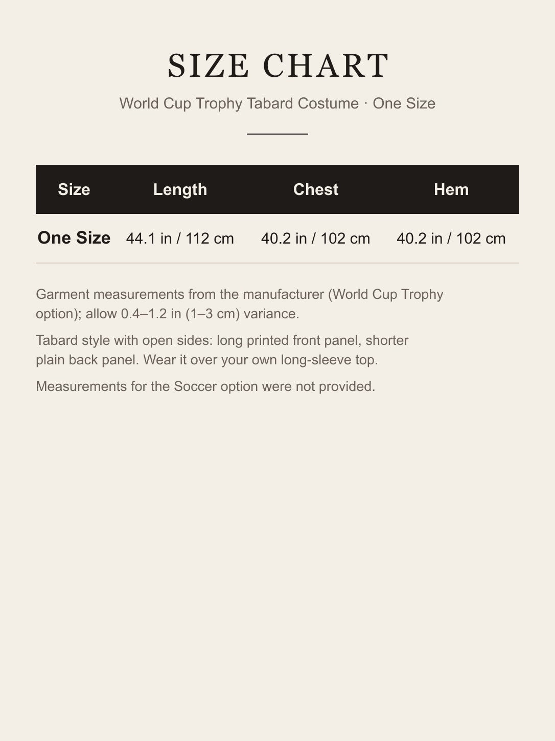 Size chart for the World Cup trophy tabard costume: one size, length 44.1 in (112 cm), chest and hem 40.2 in (102 cm)