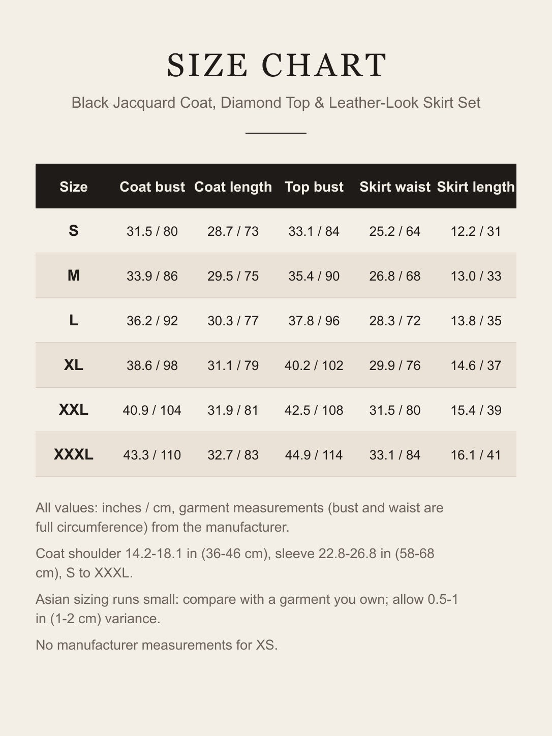 Women's Harley Quinn cosplay costume set size chart in inches and cm, S to XXXL
