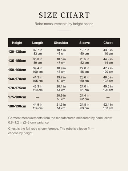 Size chart for the Akatsuki Tobi robe: length, shoulder, sleeve and chest for each height option in inches and centimeters