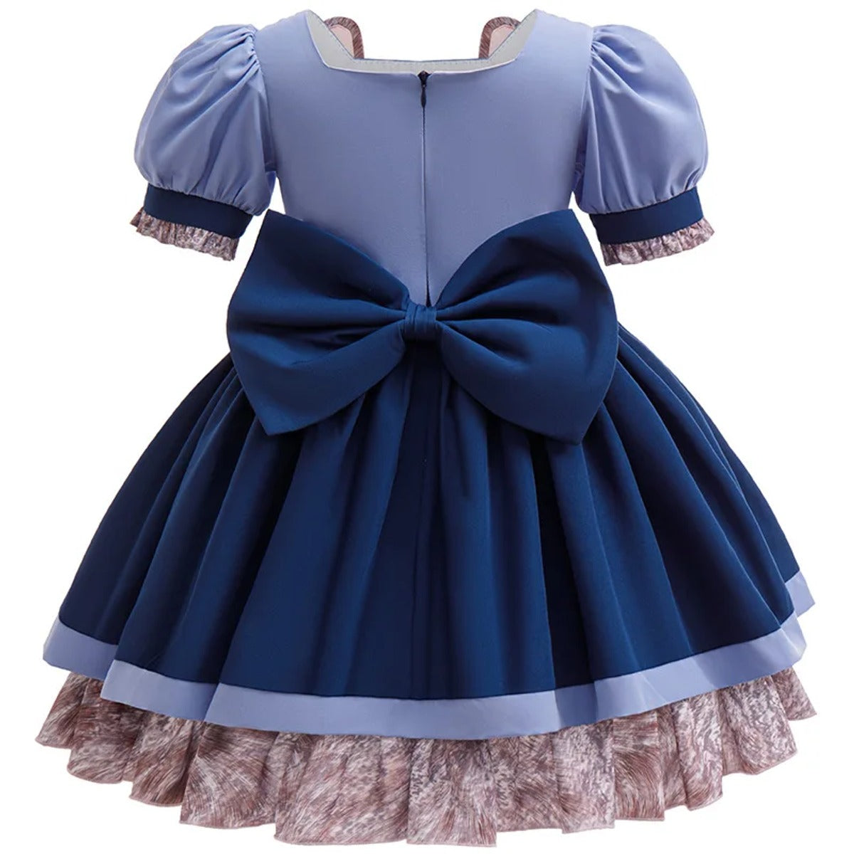 Back view of the police bunny costume dress with large navy bow and back zipper
