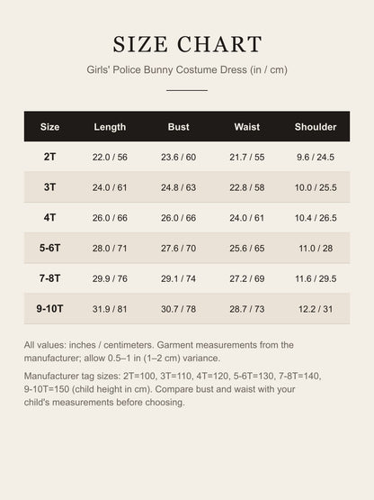 Size chart for the girls' police bunny costume dress: length, bust, waist and shoulder for 2T to 9-10T in inches and centimeters