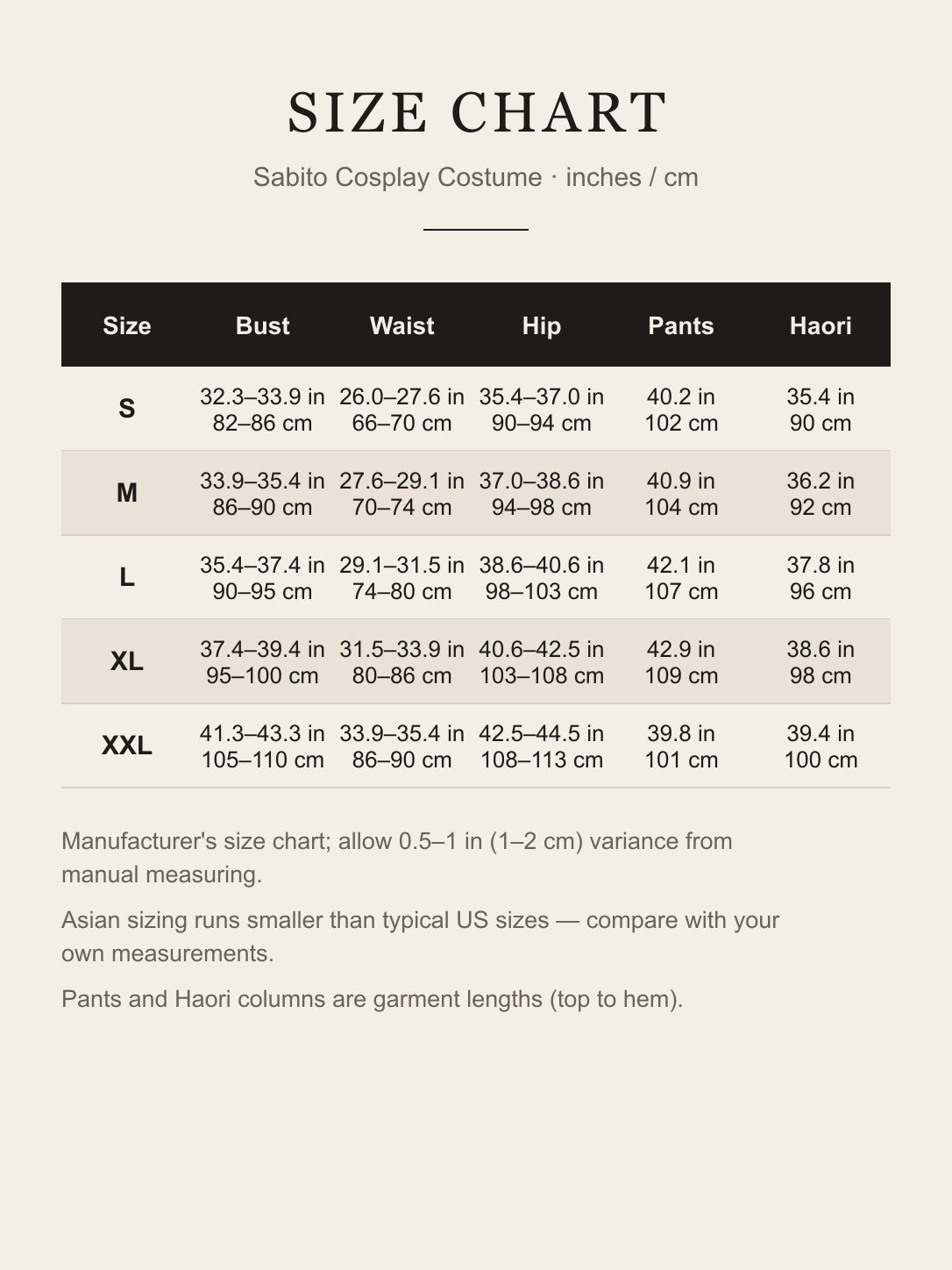 Size chart for the Sabito cosplay costume: bust, waist, hip, pants and haori length for S to XXL in inches and centimeters