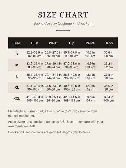 Size chart for the Sabito cosplay costume: bust, waist, hip, pants and haori length for S to XXL in inches and centimeters