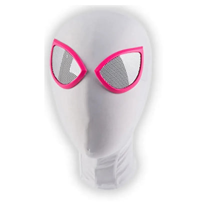 Close-up of the actual white full-head mask with pink-trimmed gray mesh eye lenses