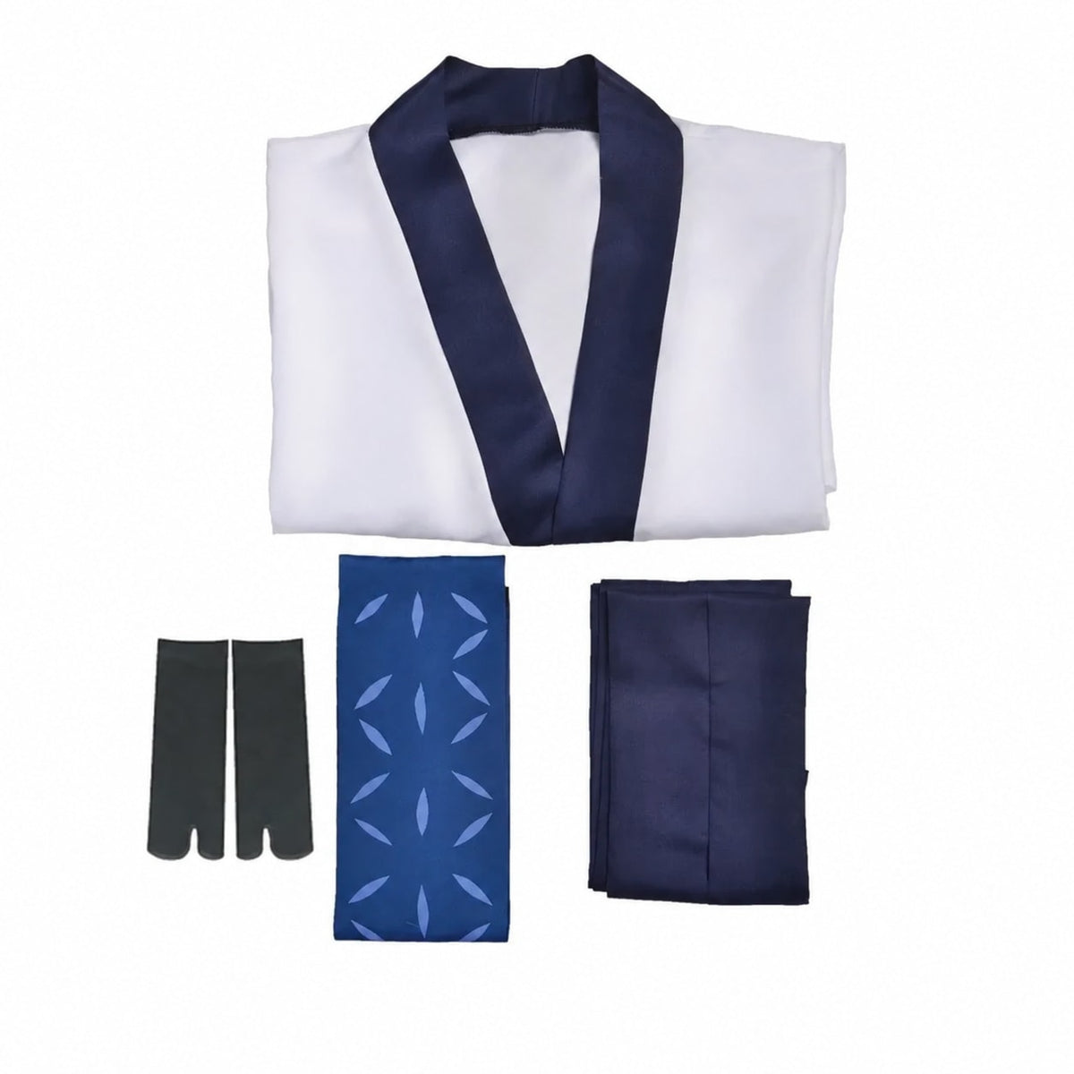 What's included: white kimono jacket with navy collar, black tabi socks, blue leaf-print belt and folded navy pants