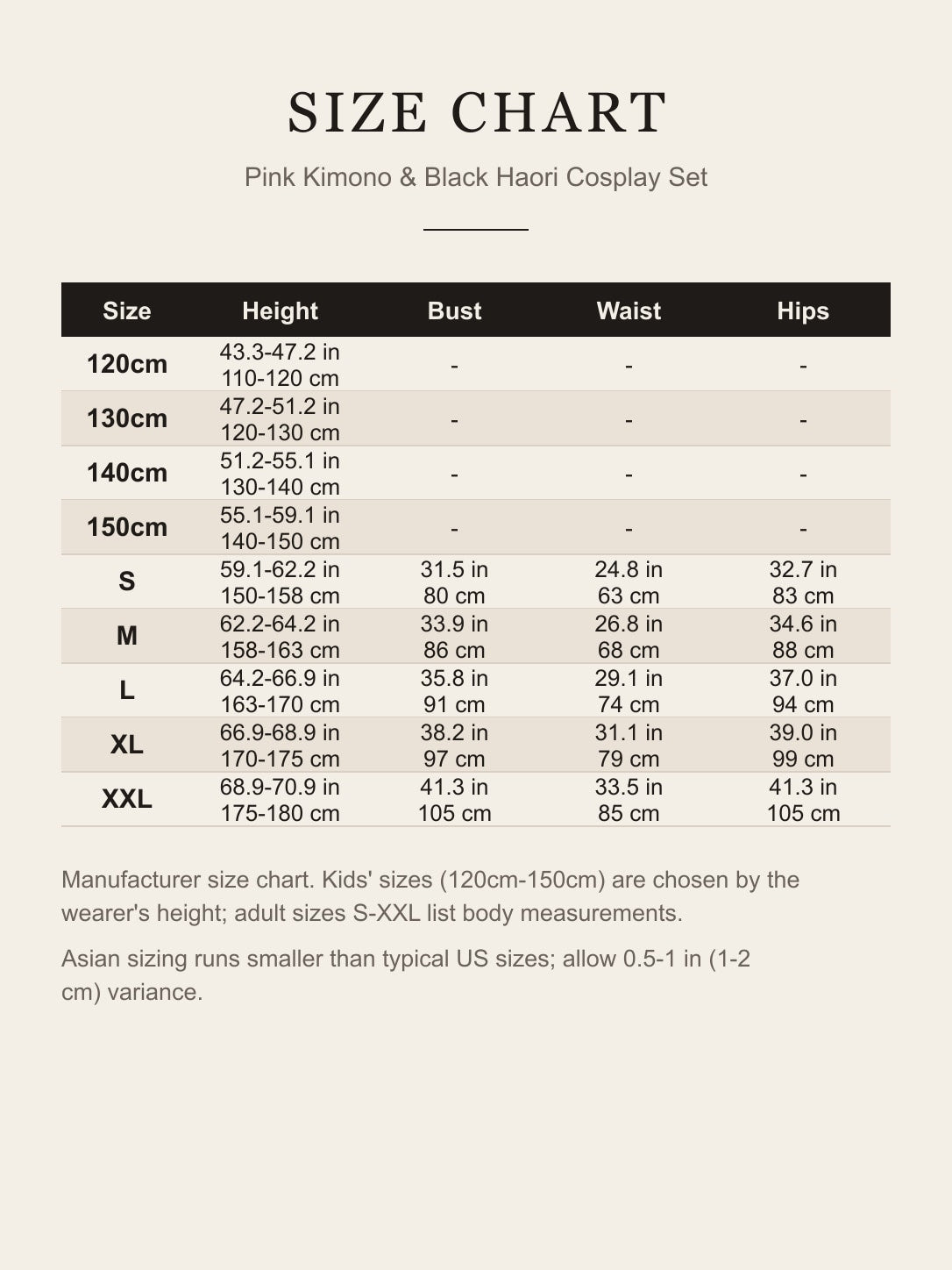 Size chart for the Nezuko Kamado cosplay costume: kids' sizes 120cm-150cm by height and adult S-XXL height, bust, waist and hips in inches and centimeters
