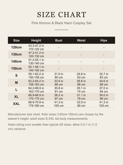 Size chart for the Nezuko Kamado cosplay costume: kids' sizes 120cm-150cm by height and adult S-XXL height, bust, waist and hips in inches and centimeters