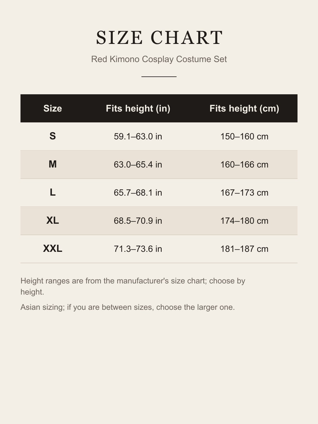 Size chart for the red kimono cosplay costume: S to XXL by height in inches and centimeters