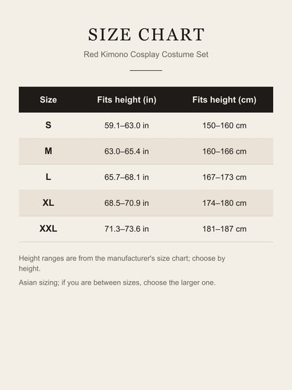 Size chart for the red kimono cosplay costume: S to XXL by height in inches and centimeters