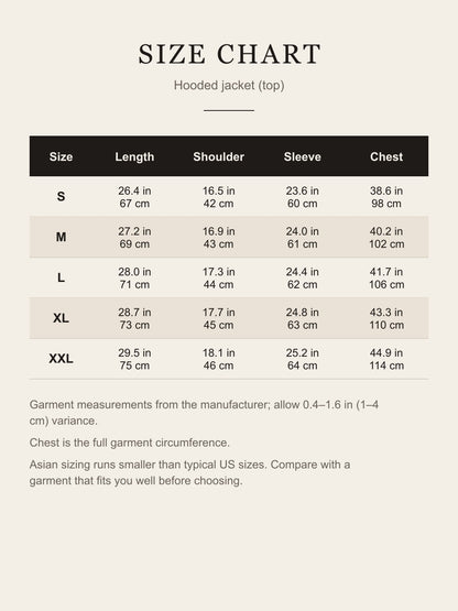 Size chart for the Yuji Itadori cosplay jacket: length, shoulder, sleeve and chest for S to XXL in inches and centimeters