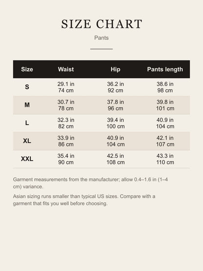 Size chart for the Yuji Itadori cosplay pants: waist, hip and pants length for S to XXL in inches and centimeters