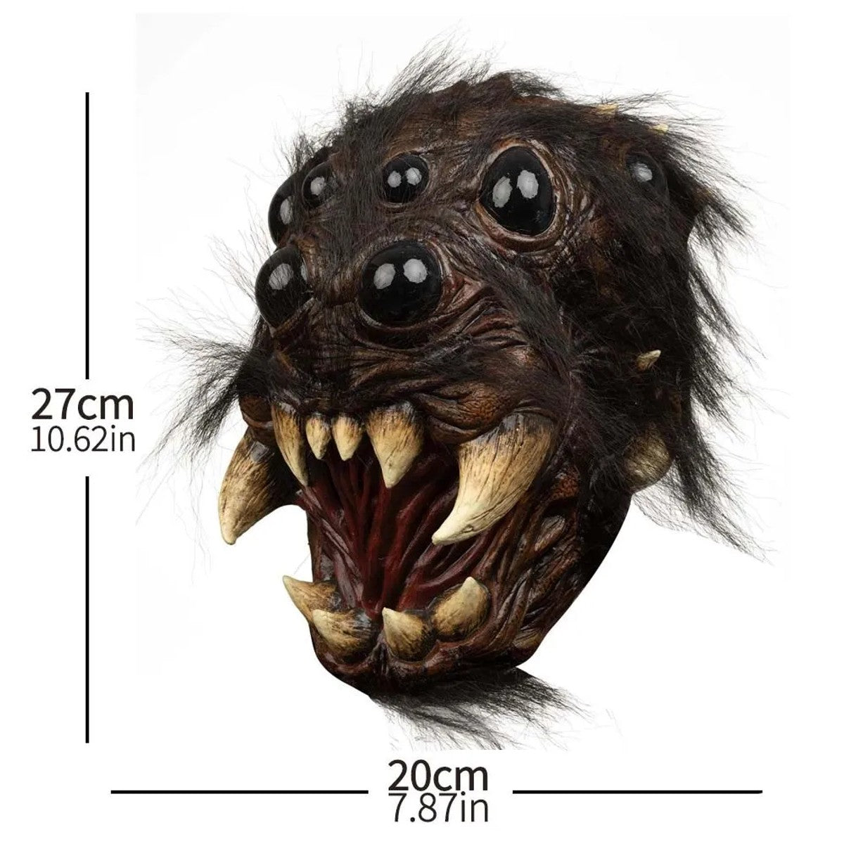 Spider latex mask dimensions: about 27 cm (10.62 in) tall and 20 cm (7.87 in) wide