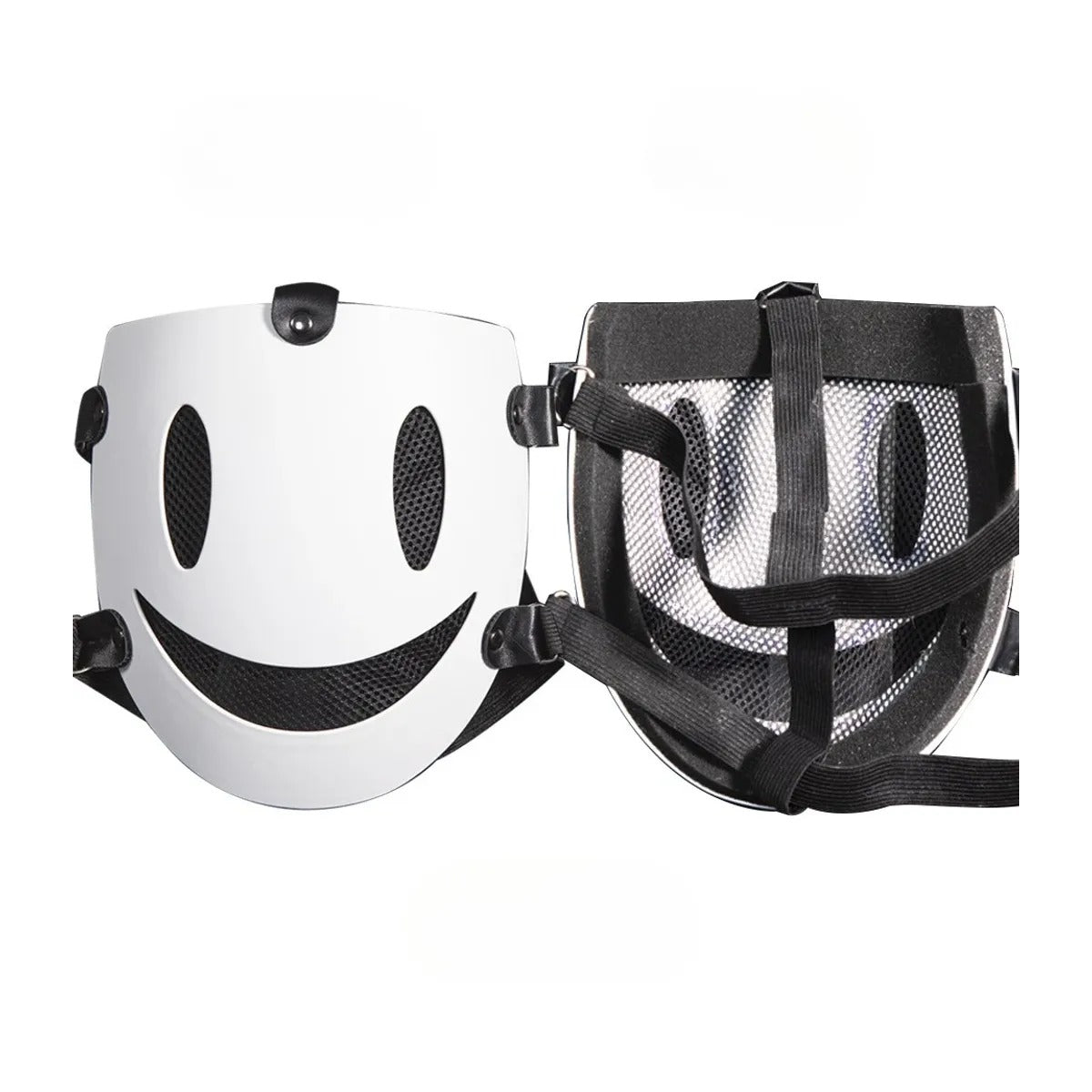 White smiling face mask front and inside view showing black mesh lining and elastic head straps