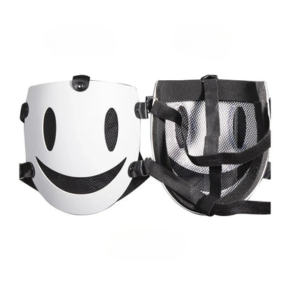 White smiling face mask front and inside view showing black mesh lining and elastic head straps