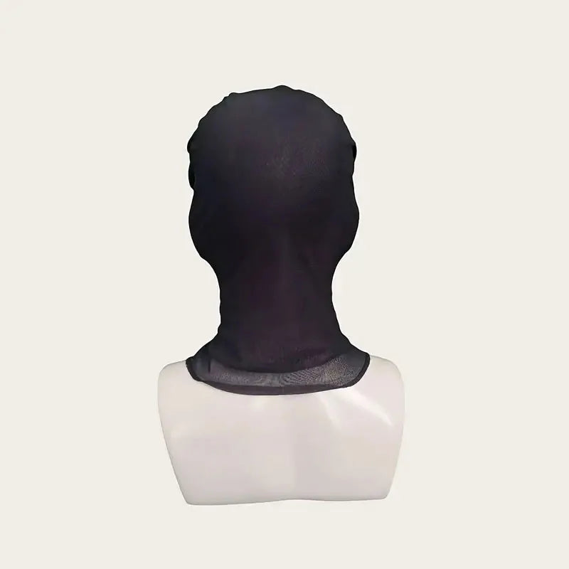 Back view of the black stretch mesh balaclava hood on a mannequin