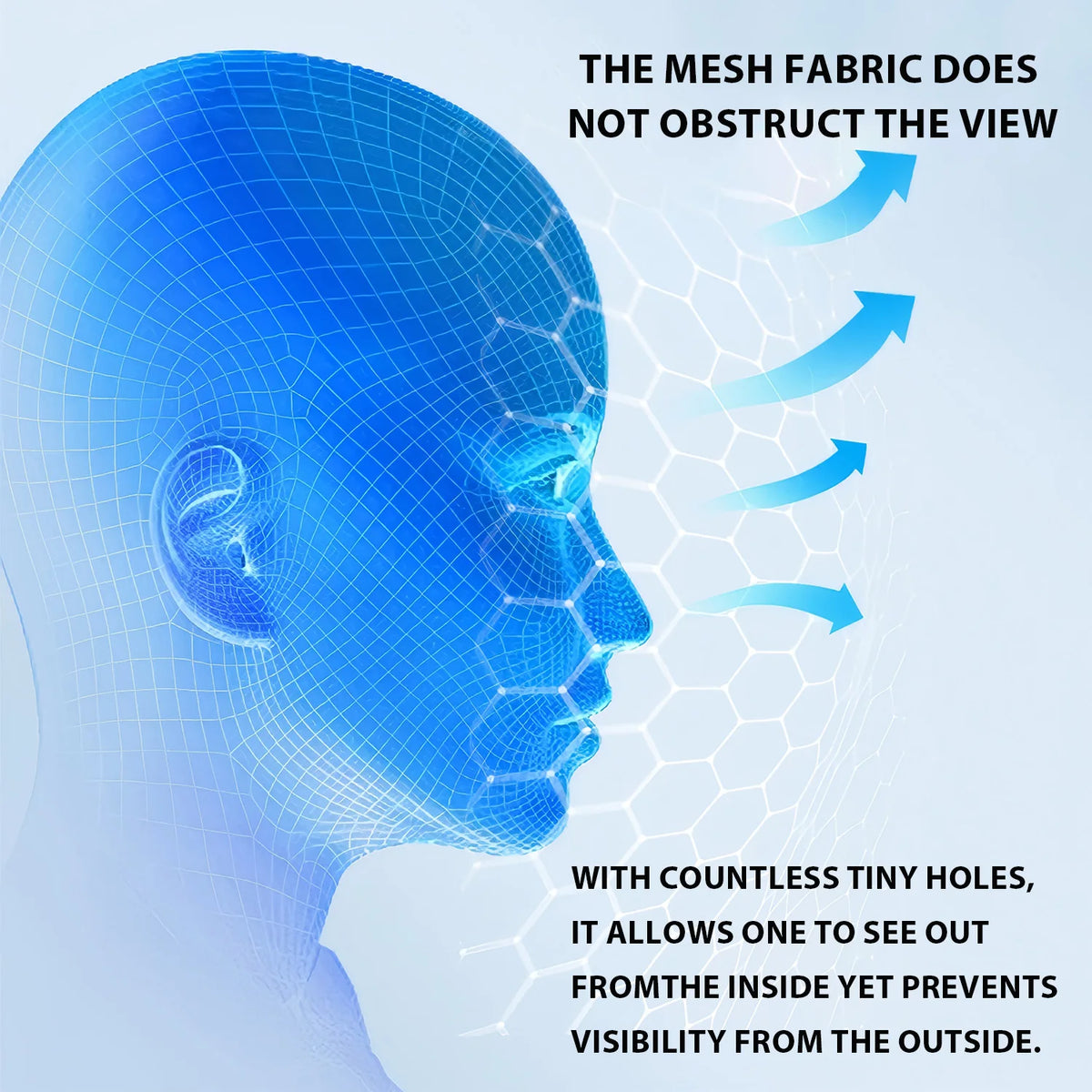 Diagram showing the fine mesh lets the wearer see out while blocking the view in