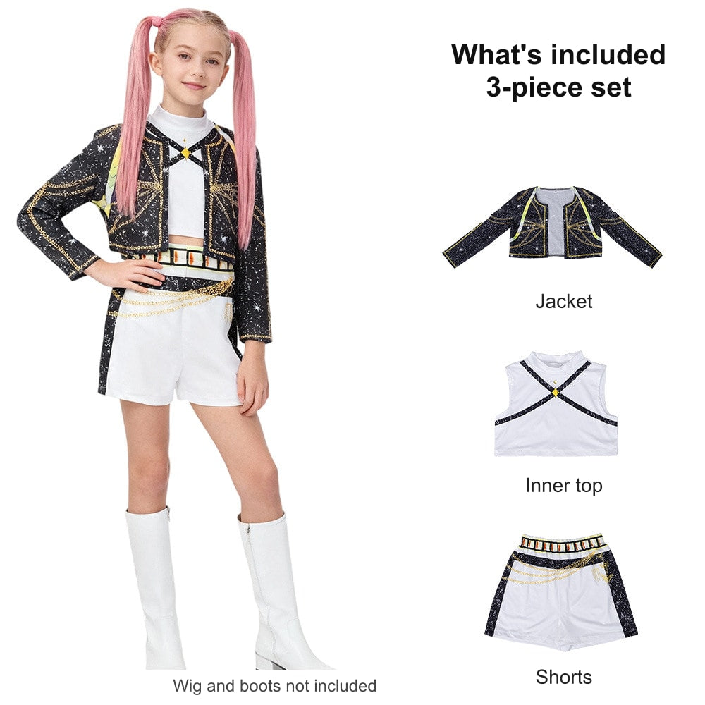 Kids' Black and White K-Pop Stage Costume Set what's included: jacket, inner top and shorts