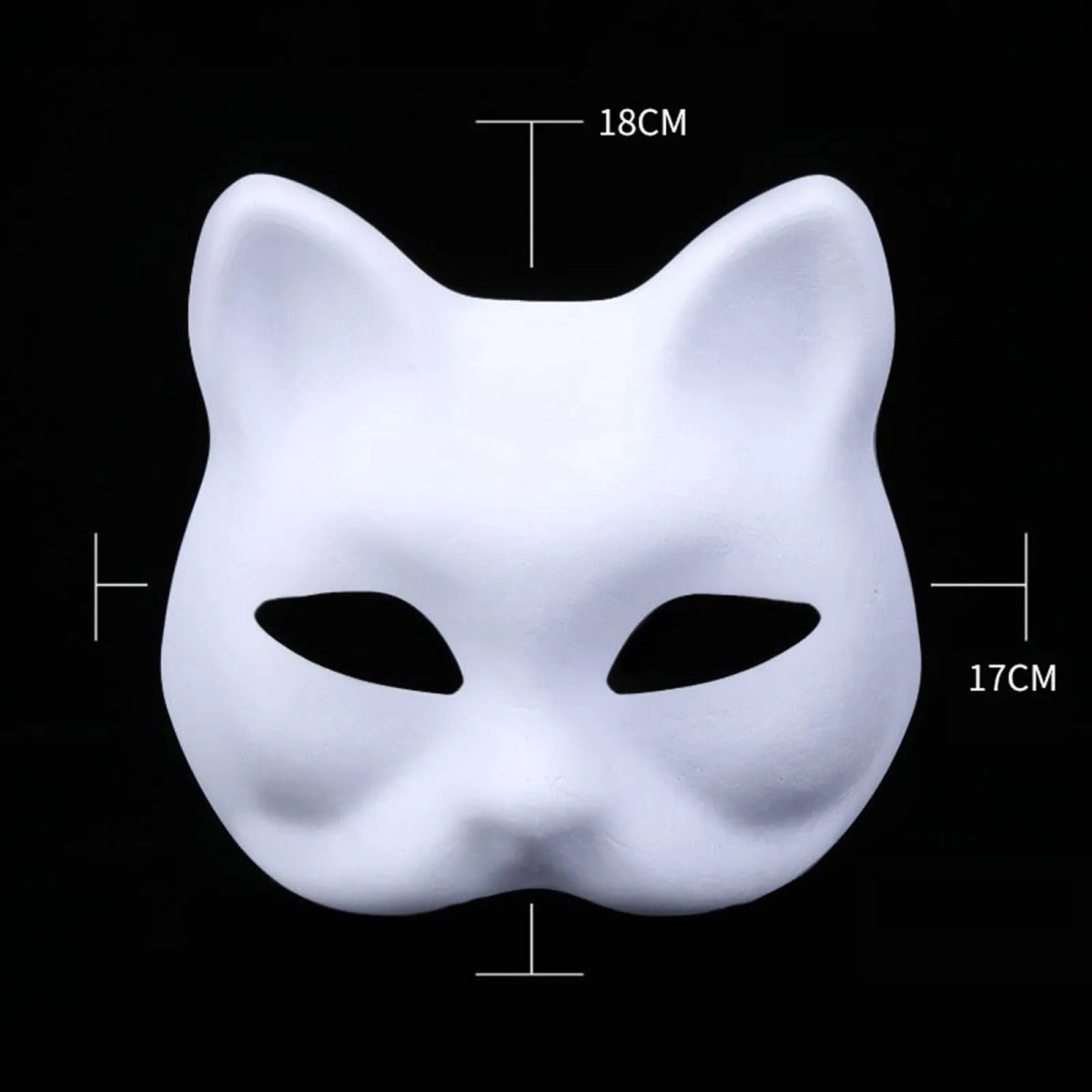 Blank white cat mask with dimensions: about 18 cm (7.1 in) tall and 17 cm (6.7 in) wide