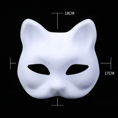 Blank white cat mask with dimensions: about 18 cm (7.1 in) tall and 17 cm (6.7 in) wide