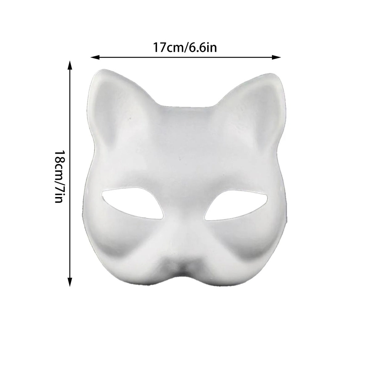 Single white cat mask with dimensions: 6.6 in (17 cm) wide and 7 in (18 cm) tall