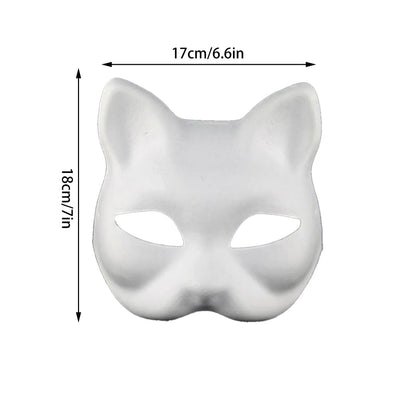 Single white cat mask with dimensions: 6.6 in (17 cm) wide and 7 in (18 cm) tall
