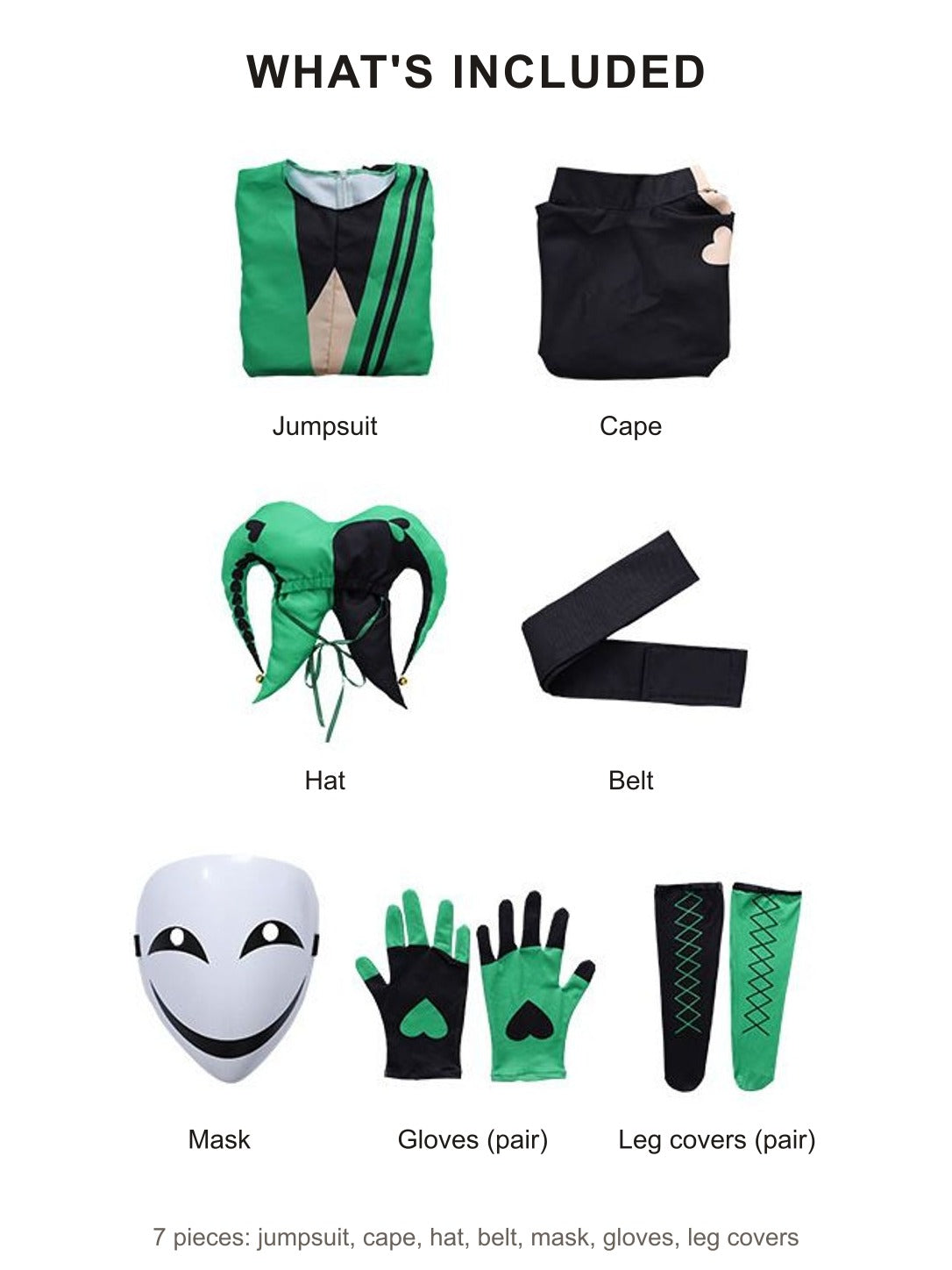 What's included in the black and green jester clown costume: jumpsuit, cape, hat, belt, mask, gloves and leg covers