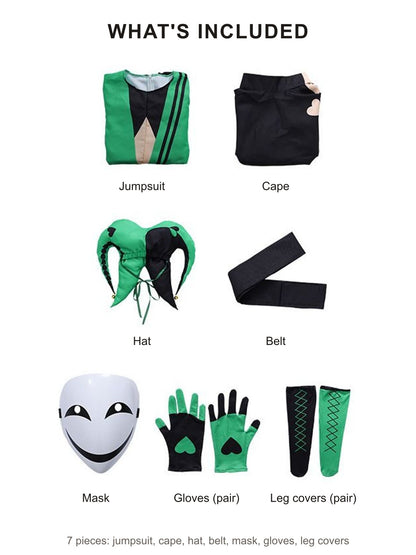 What's included in the black and green jester clown costume: jumpsuit, cape, hat, belt, mask, gloves and leg covers