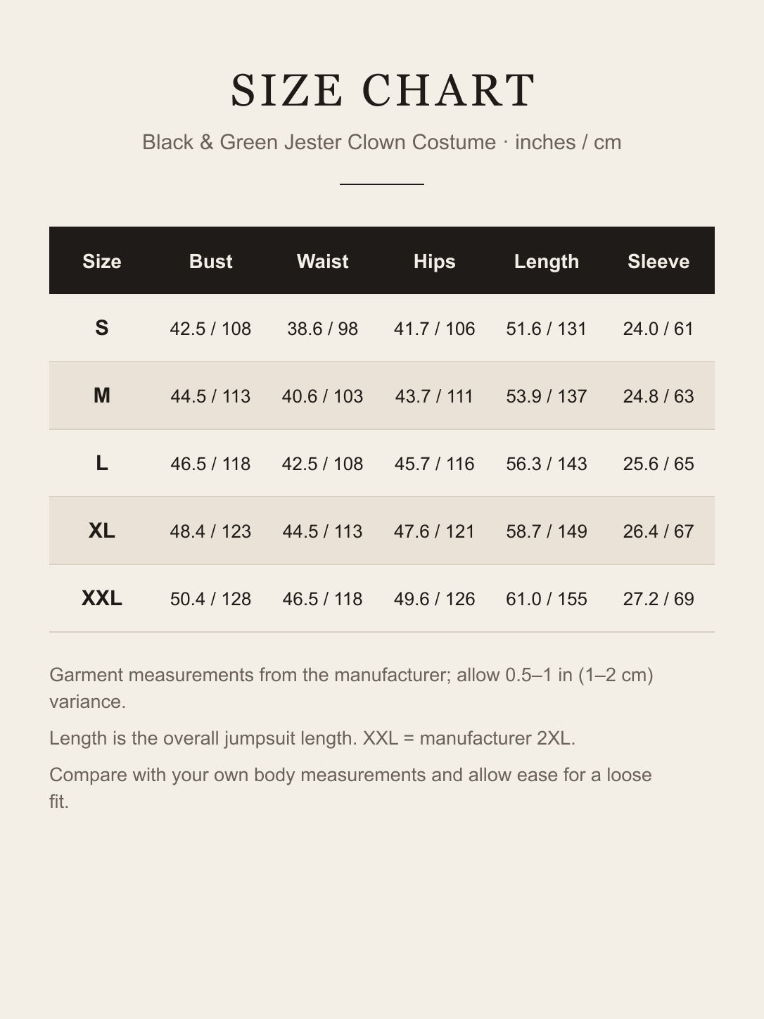 Size chart for the black and green jester clown costume: bust, waist, hips, length and sleeve for S to XXL in inches and centimeters