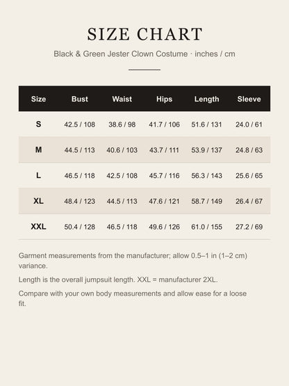 Size chart for the black and green jester clown costume: bust, waist, hips, length and sleeve for S to XXL in inches and centimeters