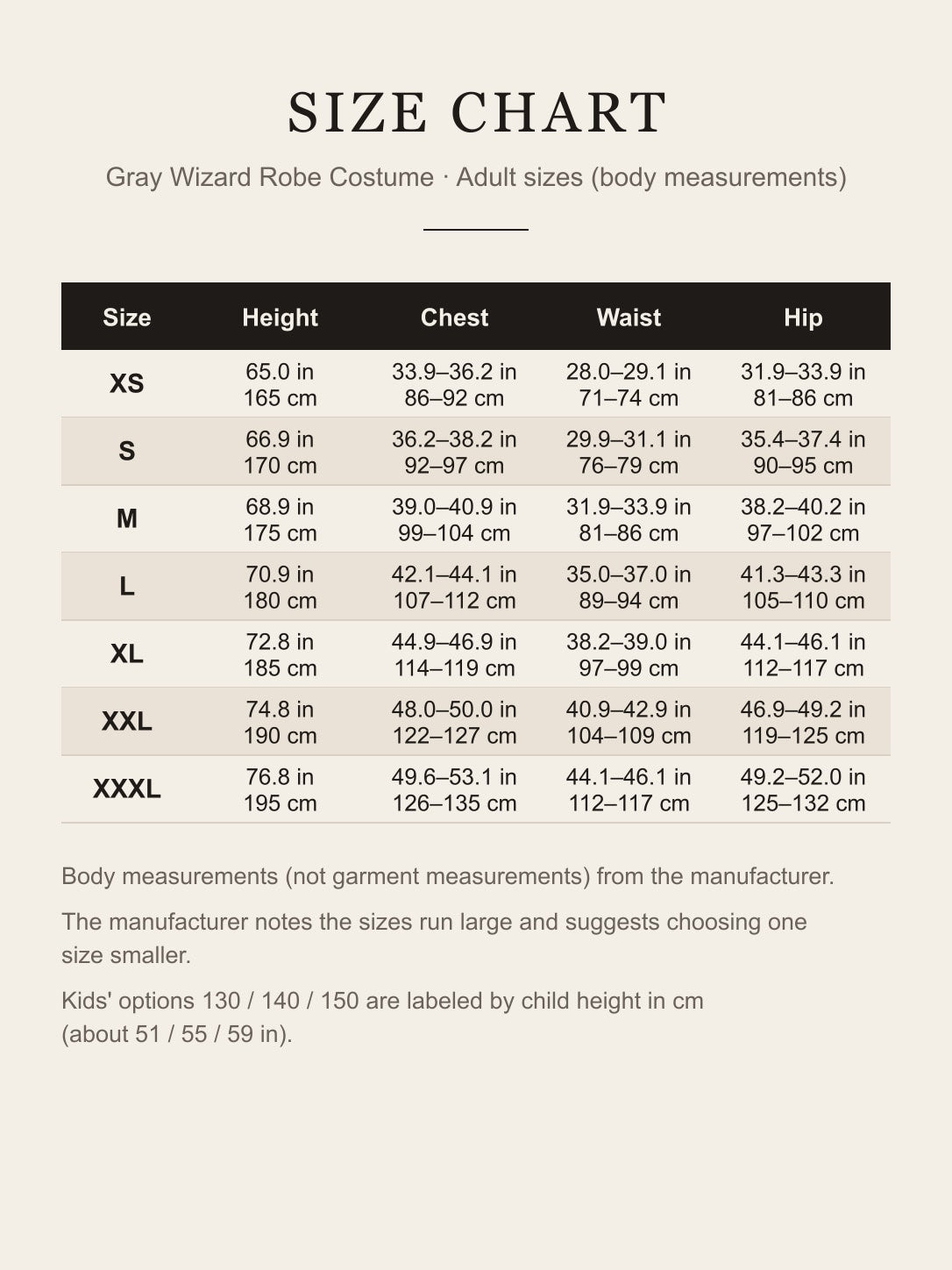 Adult size chart for the gray wizard robe costume: height, chest, waist and hip for XS to XXXL in inches and centimeters