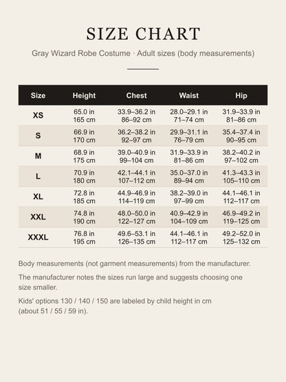 Adult size chart for the gray wizard robe costume: height, chest, waist and hip for XS to XXXL in inches and centimeters