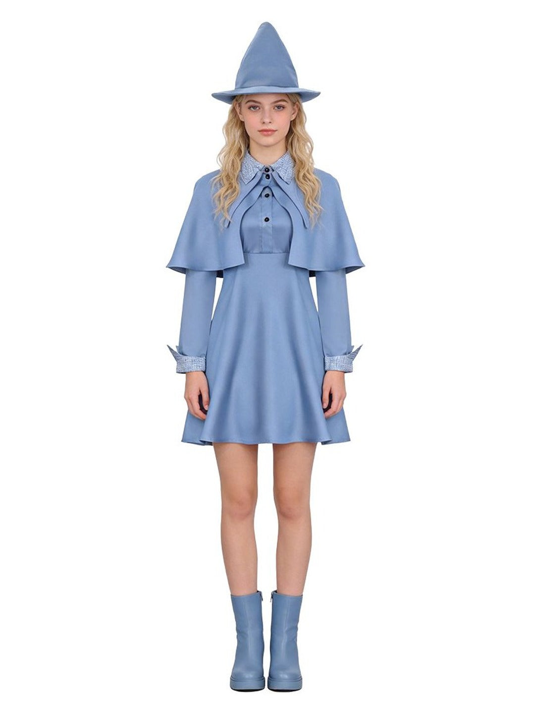 Adult model wearing blue witch costume dress, cape and pointed hat