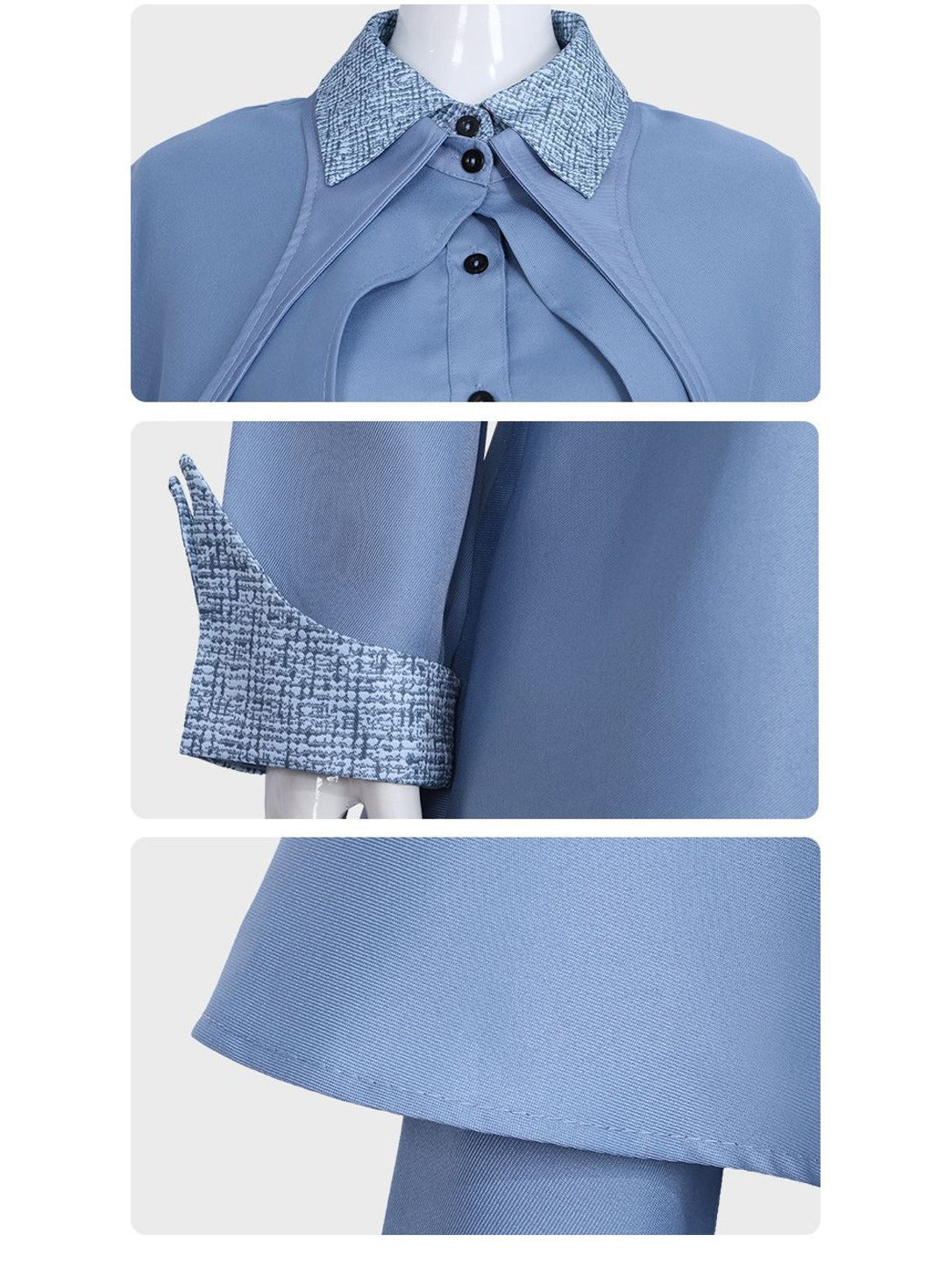 Close-up of textured print collar, pointed cuff and twill fabric of the blue witch dress
