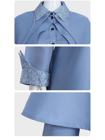 Close-up of textured print collar, pointed cuff and twill fabric of the blue witch dress