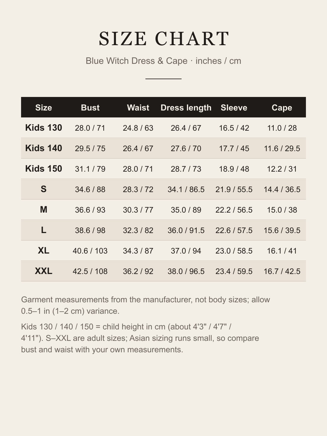 Size chart for blue witch costume, kids 130-150 and adult S-XXL, inches and cm
