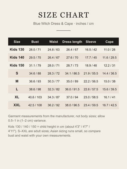 Size chart for blue witch costume, kids 130-150 and adult S-XXL, inches and cm