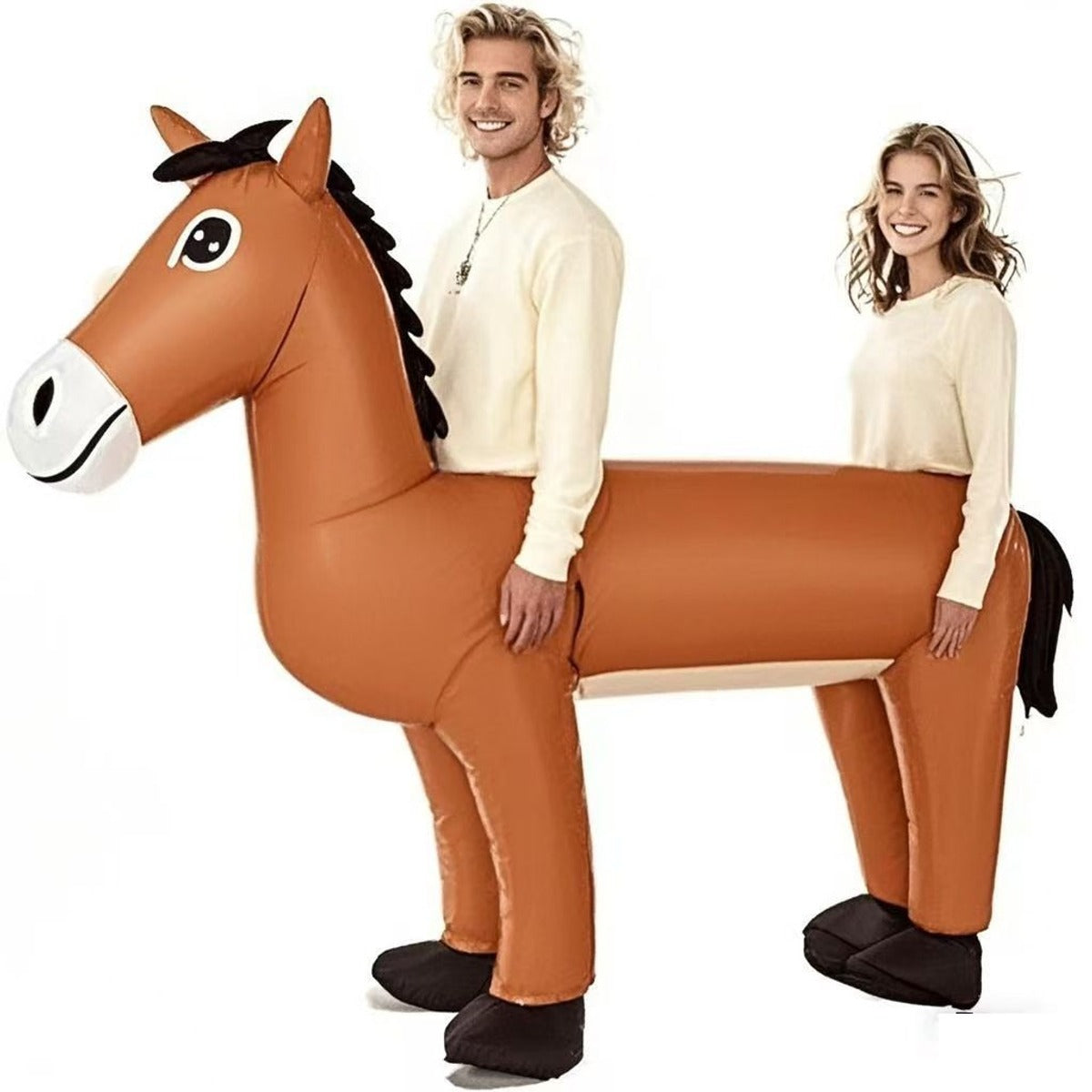 Two adults wearing the inflatable two-person horse costume, one in the front section and one in the back with the tail