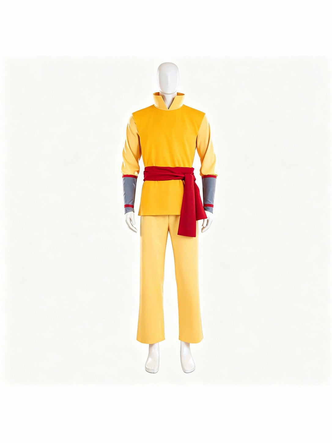 Aang costume shown without the cape on a mannequin: yellow tunic with stand collar, yellow pants, red waist sash and gray arm guards
