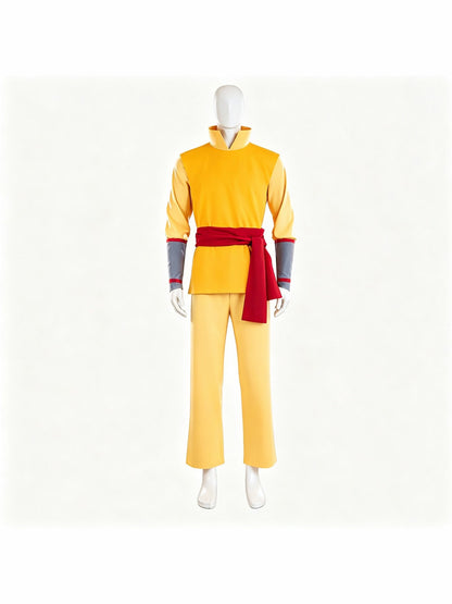 Aang costume shown without the cape on a mannequin: yellow tunic with stand collar, yellow pants, red waist sash and gray arm guards