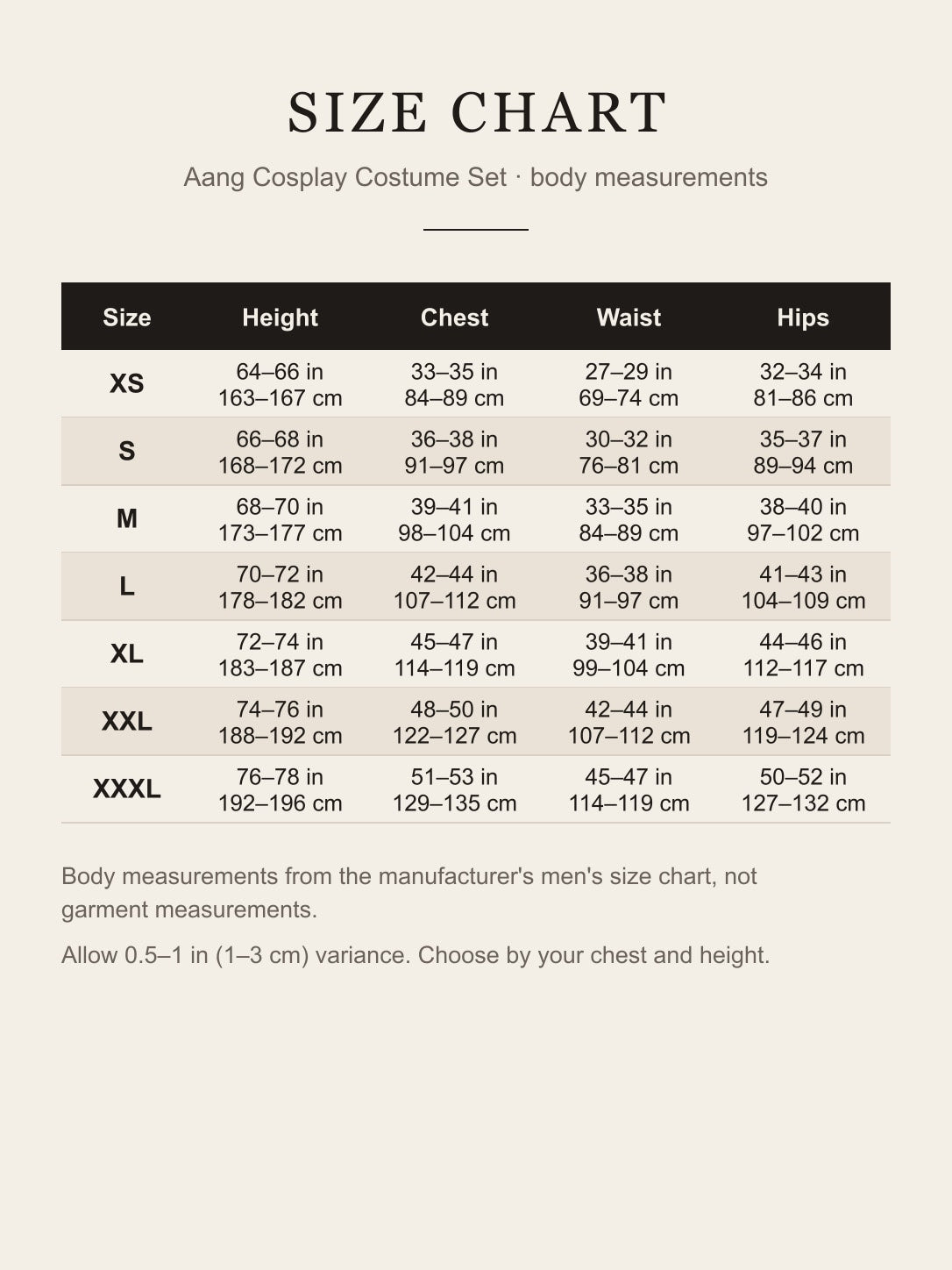Aang cosplay costume size chart: height, chest, waist and hips for XS to XXXL in inches and centimeters
