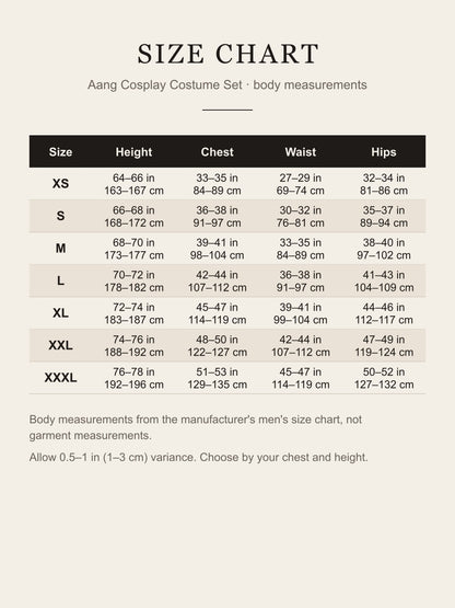 Aang cosplay costume size chart: height, chest, waist and hips for XS to XXXL in inches and centimeters