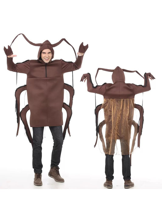 Adult brown cockroach costume front and back view with antennae hood, side legs and sheer wings