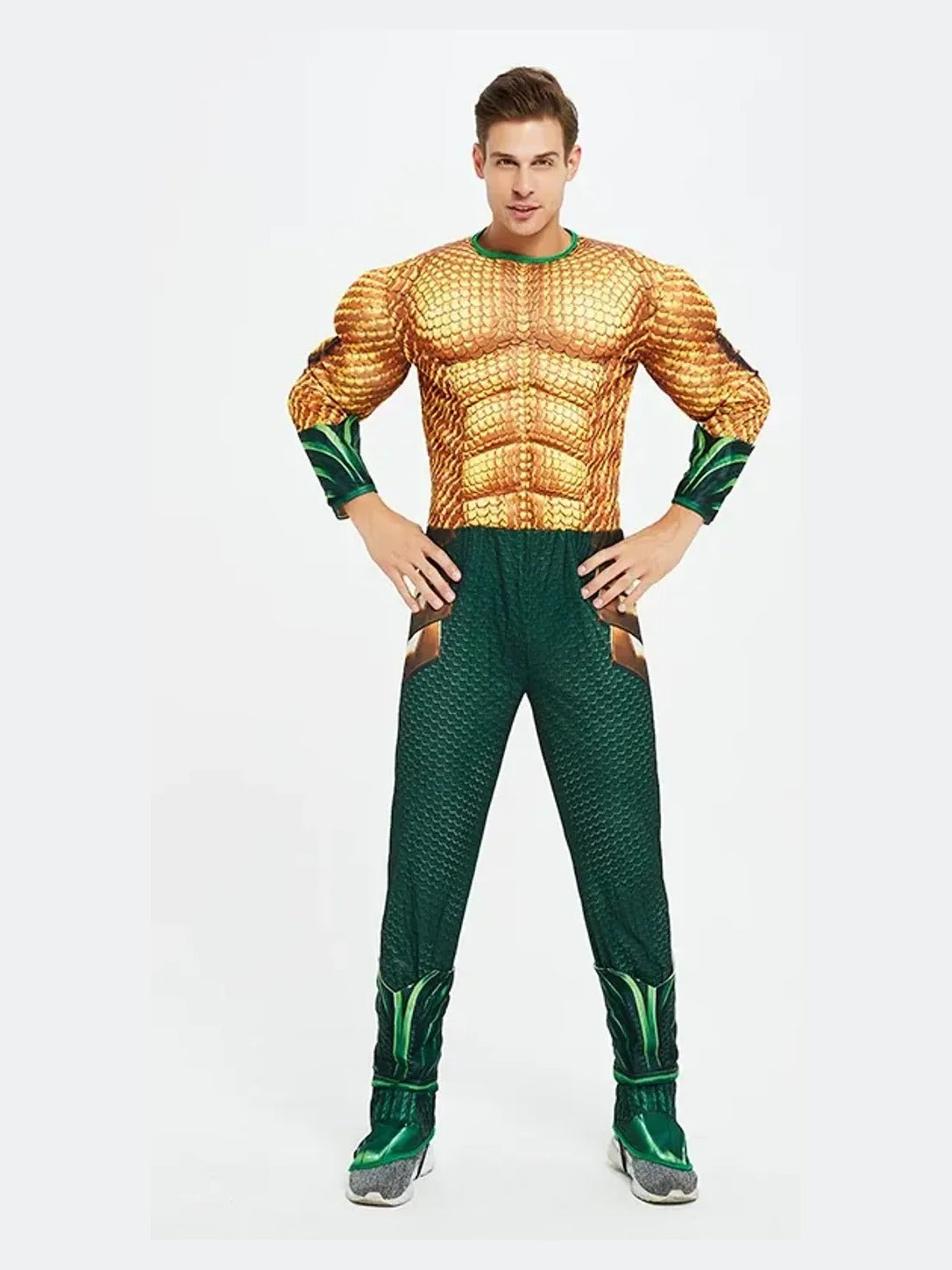 Real photo of the gold and green muscle-design scaled bodysuit costume on a model, plain background, front view