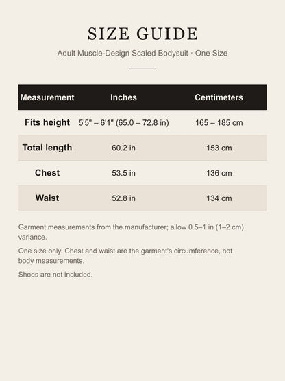 Size guide for the adult one-size scaled bodysuit: fits height 5'5"–6'1", length 60.2 in, chest 53.5 in, waist 52.8 in