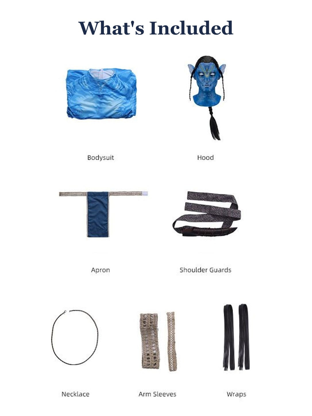 What's included: bodysuit, hood mask, apron, shoulder guards, necklace, arm sleeves and arm wraps