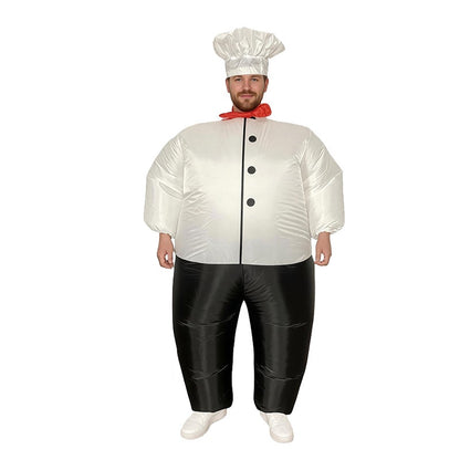 Adult inflatable chef costume on white background, factory photo